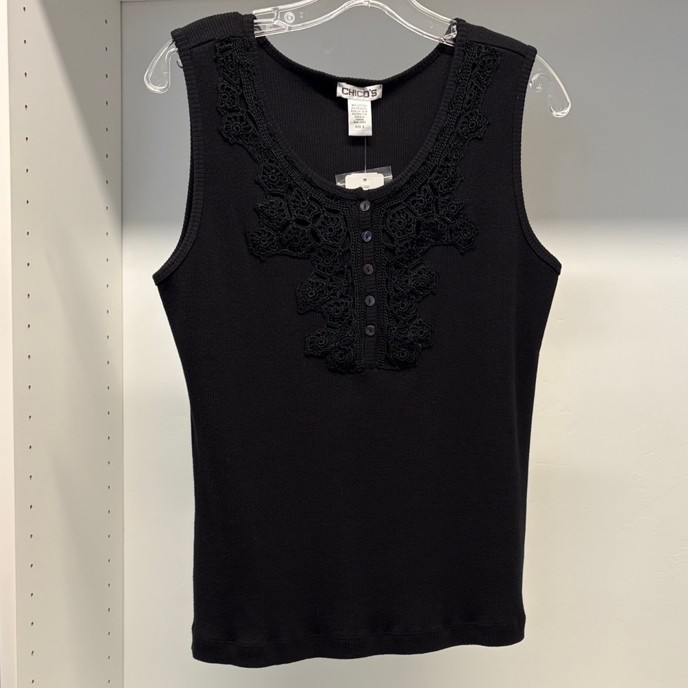 Chico's Elegant Black Tank Top with Lace Accents 2 (12/14 L)